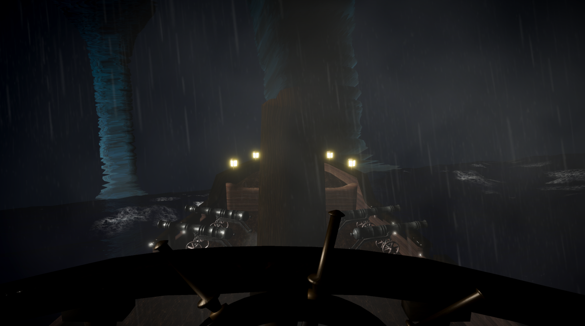 Raging ocean with ship and tornado